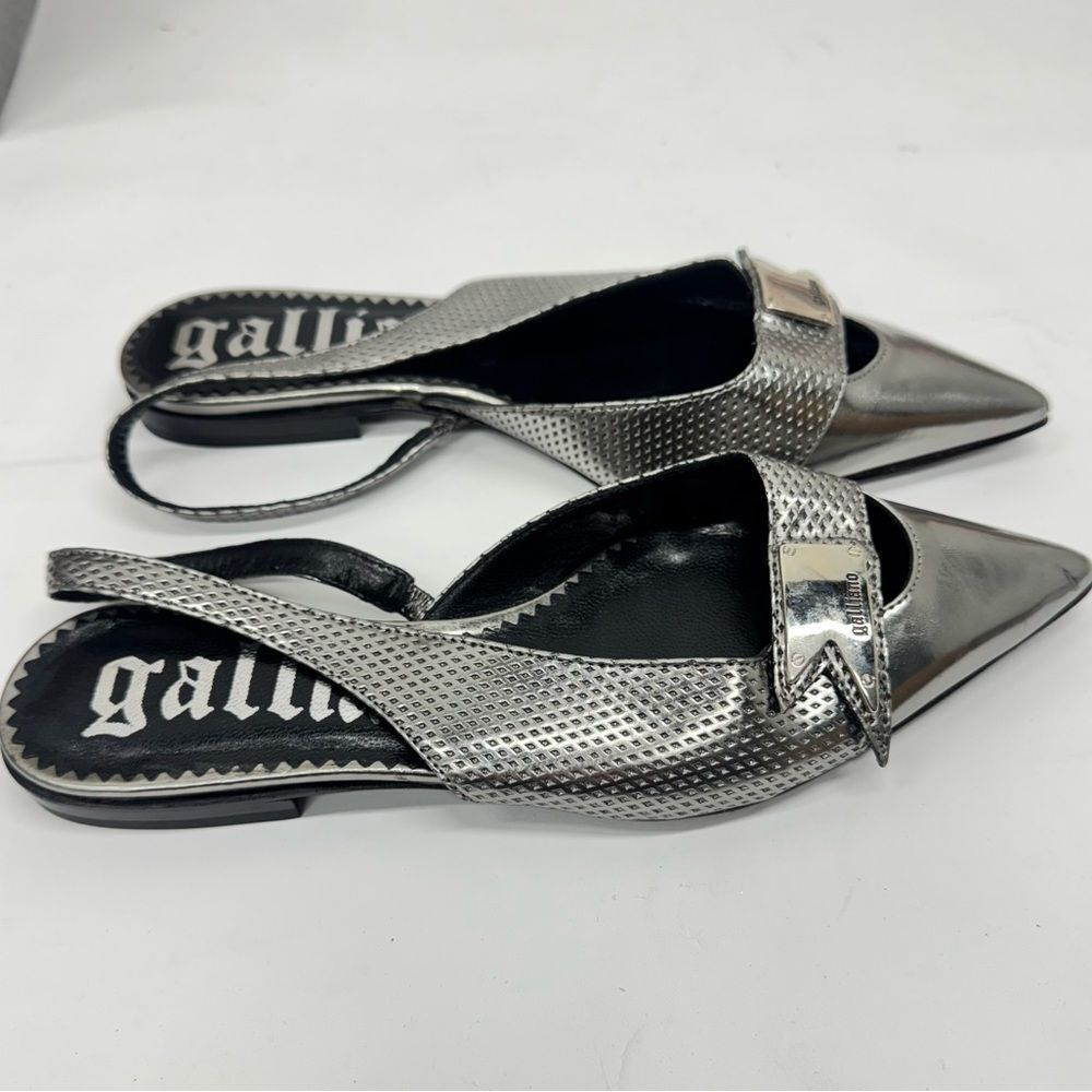 John Galliano Slingback Pointy Flats Silver